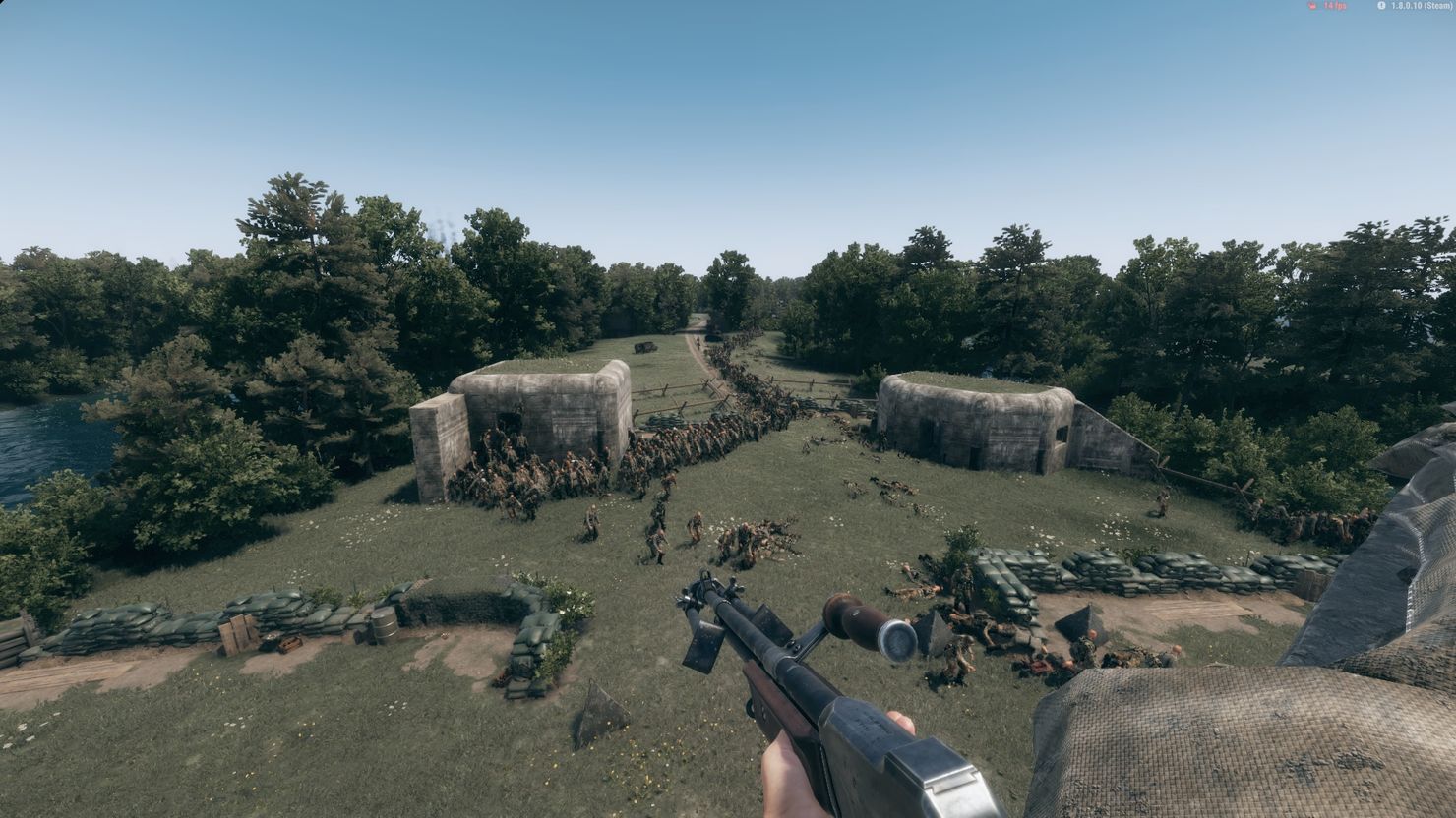 A horde pours through a fence line toward a sandbagged position between two bunkers
