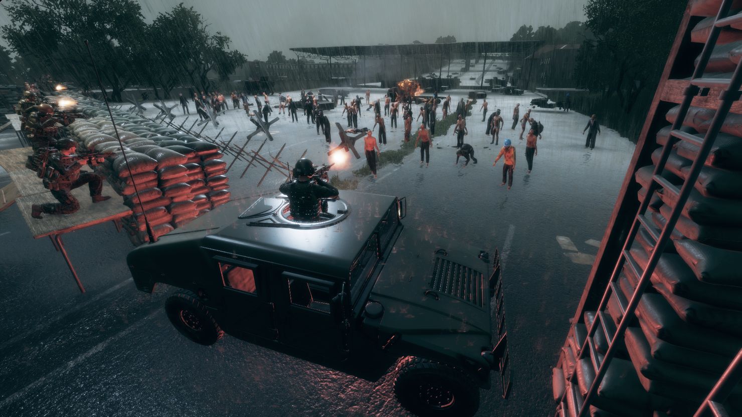 Night rain at a checkpoint: soldiers behind sandbags and a turret gunner fire into an advancing crowd