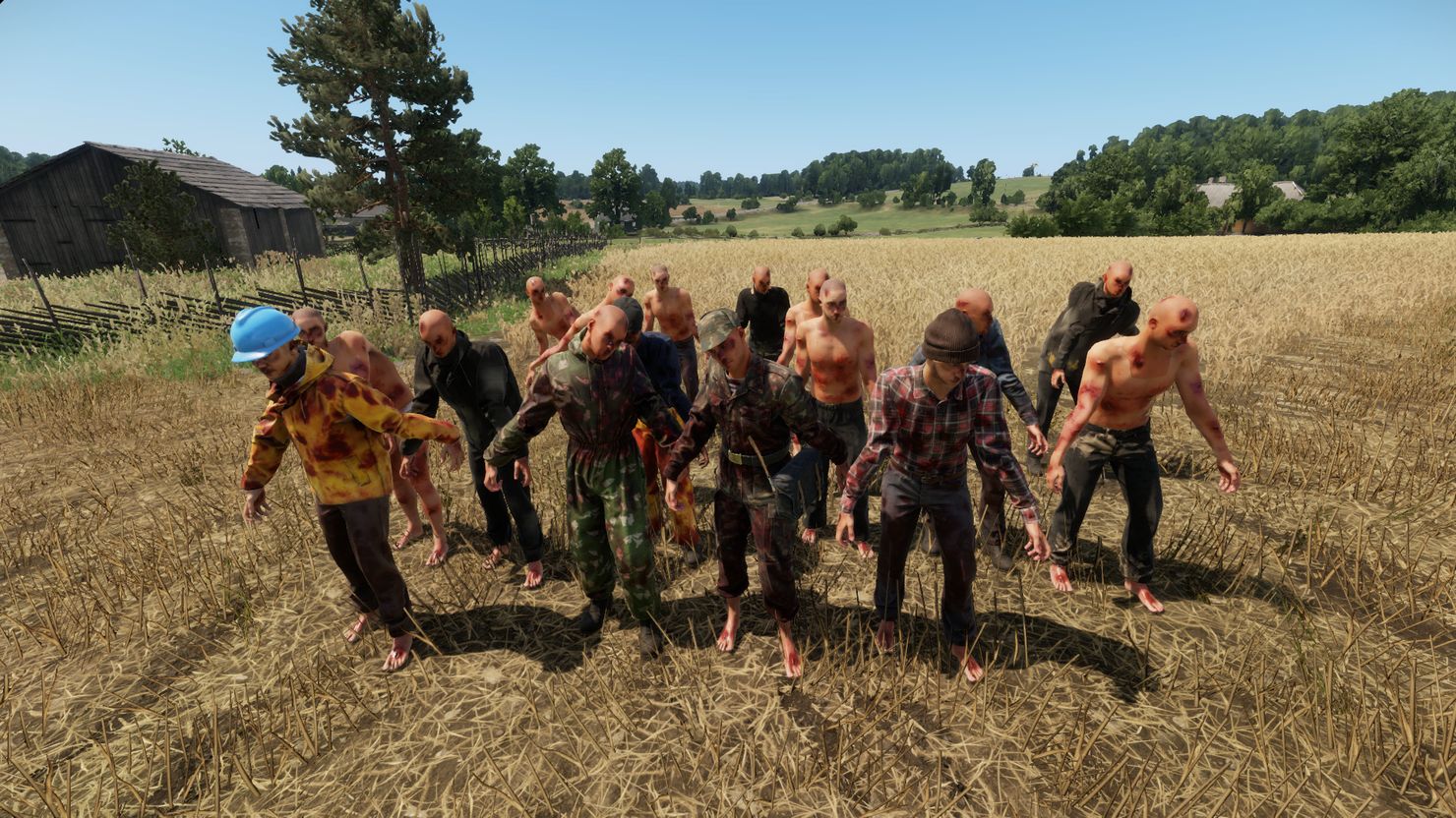 A dozen infected in torn civilian and military clothes walk through a wheat field
